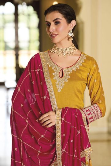 Karva Chauth Special Art Silk Fabric Embroidered Yellow Color Readymade Designer Suit