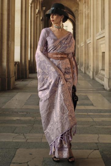 Lavishing Lavender Color Art Silk Fabric Weaving Work Saree With Same Color Blouse
