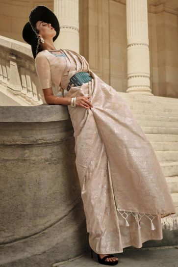 Art Silk Fabric Weaving Work Rich Cream Color Festive Wear Saree With Same Color Blouse
