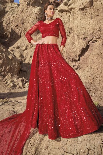 Red Color Net Fabric Fancy Work Bridal Look 3 Piece Lehenga Choli