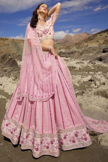 Pink Color Georgette Fabric Fancy Work Designer Bridal Lehenga Choli