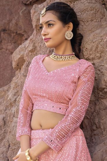 Fancy Work Pink Color Bridal Lehenga In Net Fabric With Designer Choli