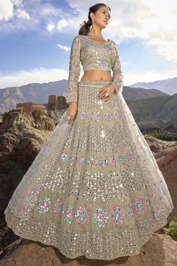 Beige Color Organza Fabric Bridal Lehenga Choli With Fancy Work