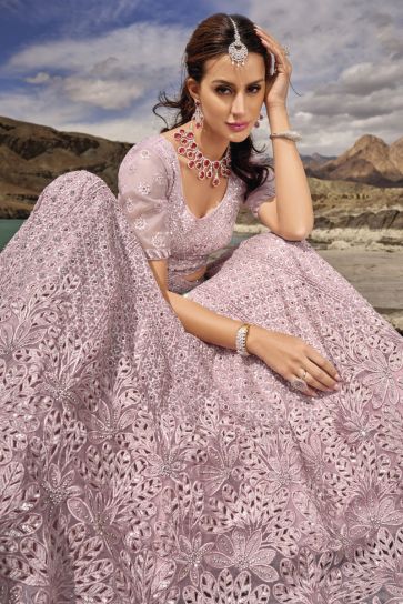 Organza Fabric Pink Color Wedding Wear 3 Piece Lehenga Choli With Fancy Work