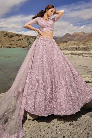 Organza Fabric Pink Color Wedding Wear 3 Piece Lehenga Choli With Fancy Work