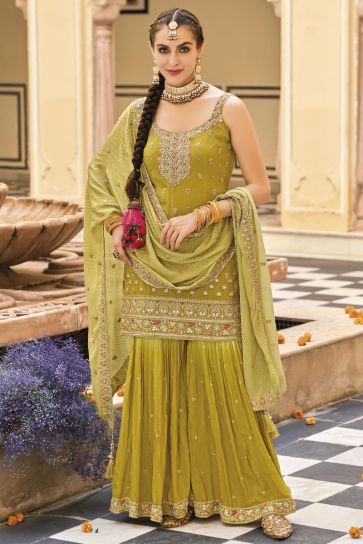 Mustard Color Embroidered Readymade Punjabi Palazzo Suit In Chinon Fabric
