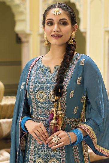 Teal Color Embroidered Readymade Punjabi Style Palazzo Suit In Art Silk Fabric