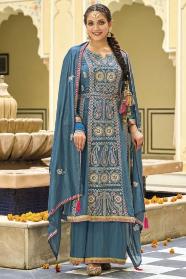 Teal Color Embroidered Readymade Punjabi Style Palazzo Suit In Art Silk Fabric