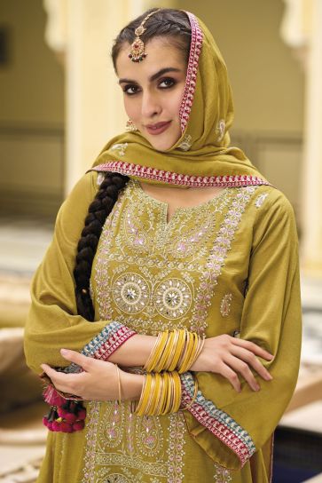 Embroidered Art Silk Fabric Readymade Punjabi Style Palazzo Suit In Yellow Color