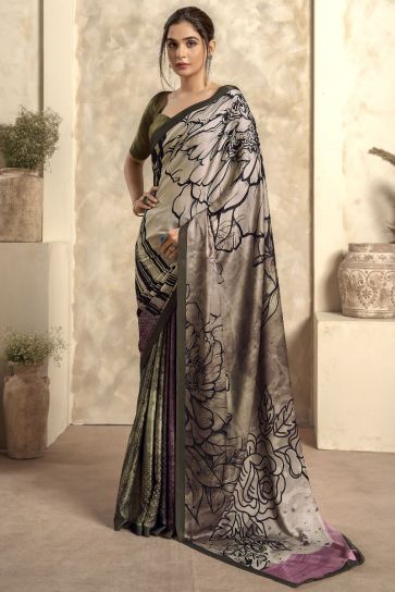 Appealing Printed Satin Silk Multi Color Saree