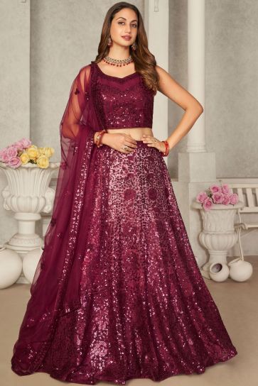 Buy Maroon Velvet Embroidered Lehenga Choli With Double Dupatta Online At  Zeel Clothing