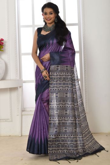 Purple Color Daily Wear Printed Saree In Art Silk Fabric
