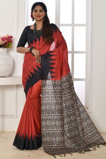 Art Silk Fabric Printed Red Color Daily Wear Saree