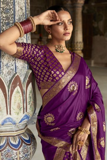 Weaving Work Fancy Satin Silk Saree In Purple Color