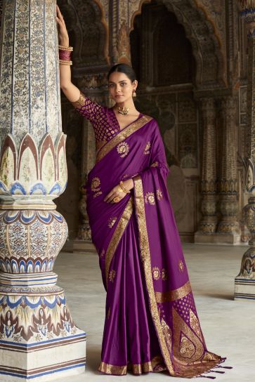 Weaving Work Fancy Satin Silk Saree In Purple Color