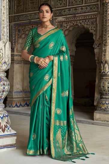 Elegant Green Color Satin Silk Weaving Work Saree