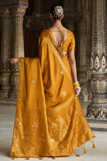 Pastel Mustard Color Wedding Function Satin Silk Weaving Work Saree