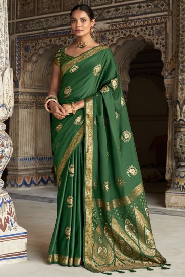 Engaging Dark Green Color Satin Silk Fabric Saree With Weaving Work