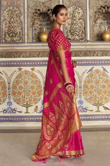 Rani Color Creative Weaving Work Satin Silk Fabric Saree