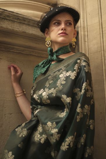 Engaging Dark Green Color Art Silk Fabric Saree With Weaving Work