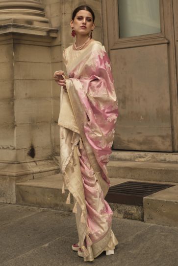 Pink Color Creative Weaving Work Art Silk Fabric Saree