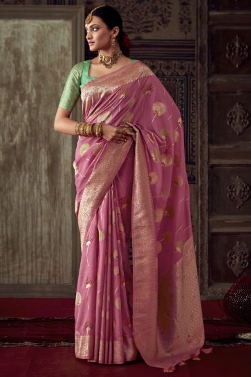 Butterfly Weaving Work Fancy Fabric Saree In Pink Color