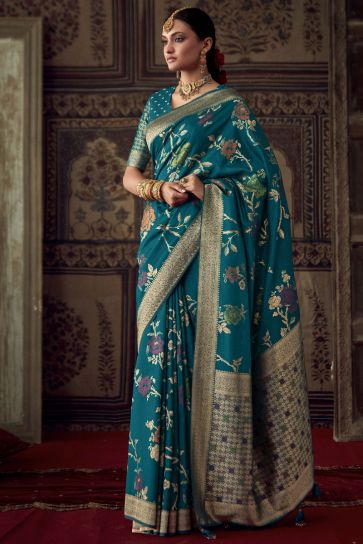 Fancy Fabric Weaving Work Sky Blue Designer Saree