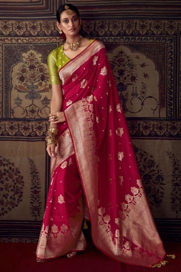 Red Color Designer Weaving Work Fancy Fabric Saree