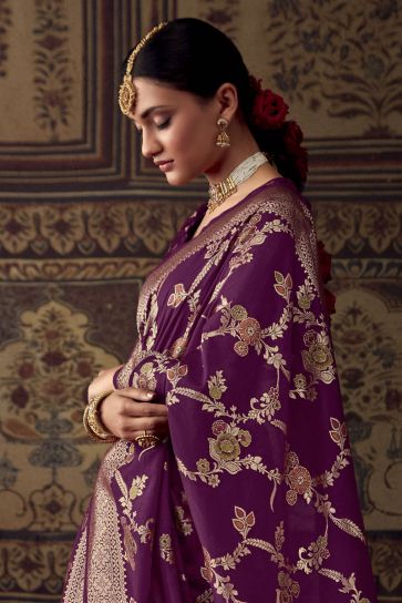 Function Wear Fancy Fabric Weaving Work Saree In Purple Color