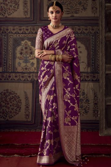 Function Wear Fancy Fabric Weaving Work Saree In Purple Color