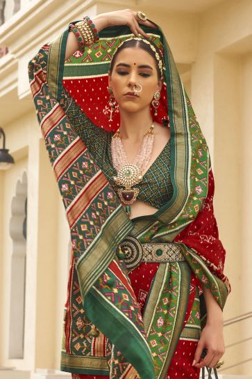 Adorable Red Color Function Wear Patola Silk Design Printed Saree