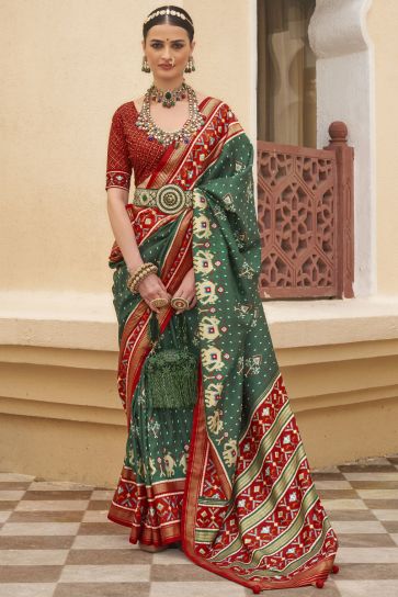 Patola Silk Dark Green Printed Festive Wear Saree