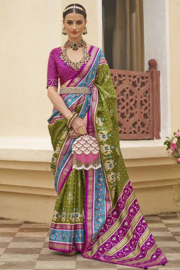 Patola Silk Green Color Printed Saree