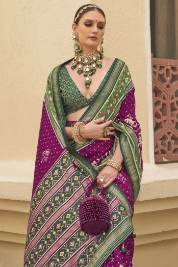 Patola Silk Printed Festive Wear Saree In Purple Color