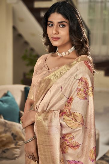 Beautiful Handloom Silk Cream Color Digital Print Saree
