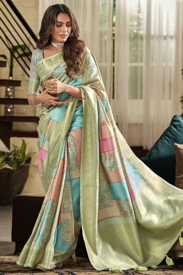 Sea Green Digital Print Wedding Look Saree In Handloom Silk Fabric