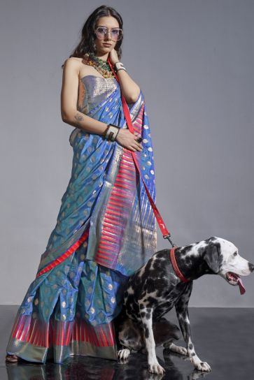 Teal Art Silk Fabric Party Wear Handloom Weaving Designer Saree