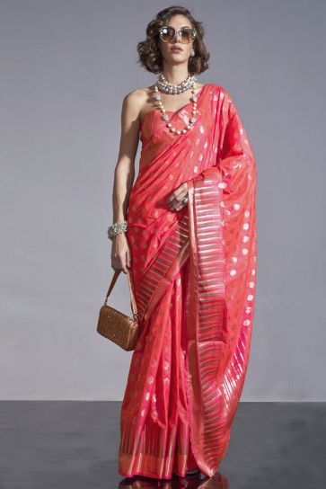 Pink Art Silk Fabric Handloom Weaving Saree