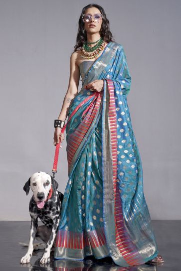 Art Silk Fabric Handloom Weaving Saree In Blue Color