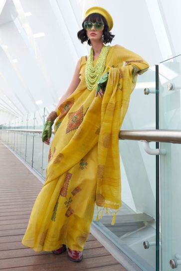Beguiling Printed Work On Yellow Color Art Silk Fabric Saree