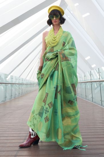 Engaging Sea Green Color Art Silk Fabric Saree With Printed Work