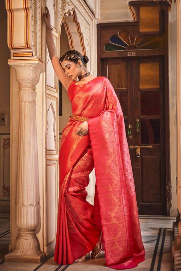 Red Color Weaving Work On Art Silk Fabric Chic Saree
