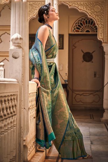 Soothing Weaving Work On Green Color Art Silk Fabric Saree