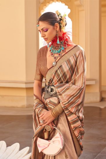 Art Silk Fabric Festive Wear Attractive Saree In Peach Color