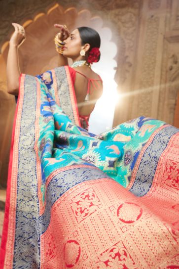 Phenomenal Weaving Designs Cyan Color Art Silk Saree