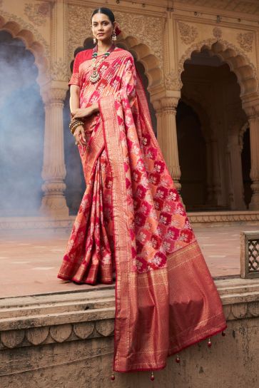 Glamorous Red Color Weaving Designs Art Silk Saree