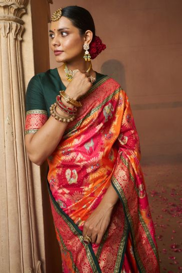 Embellished Rani Color Weaving Designs Art Silk Saree