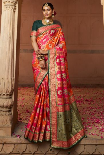 Embellished Rani Color Weaving Designs Art Silk Saree