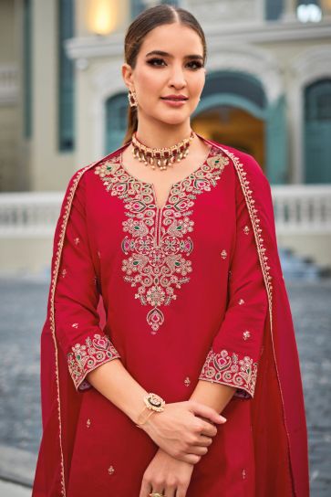 Art Silk Fabric Red Color Embroidered Function Wear Readymade Palazzo Salwar Suit