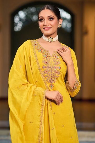 Art Silk Fabric Sangeet Wear Embroidered Yellow Color Readymade Palazzo Suit